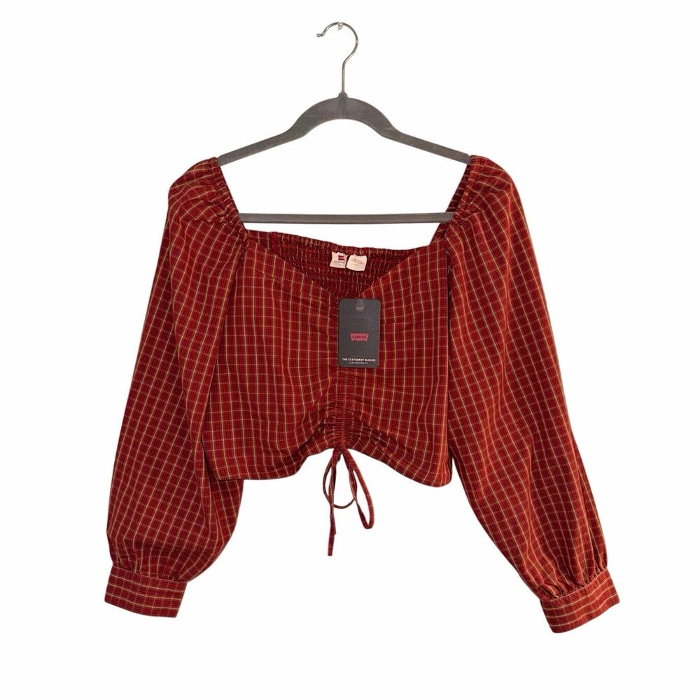 Levi’s Women’s Statement Blouse Large Red Plaid Ruched Crop Top NWT
